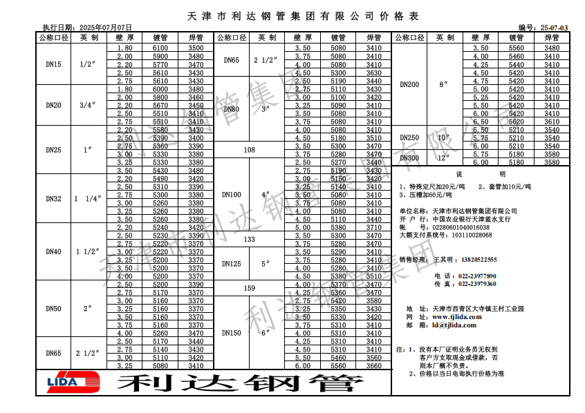 7月7日天津利達鋼管集團利達牌焊管、鍍鋅管、鋼塑管出廠掛牌價
